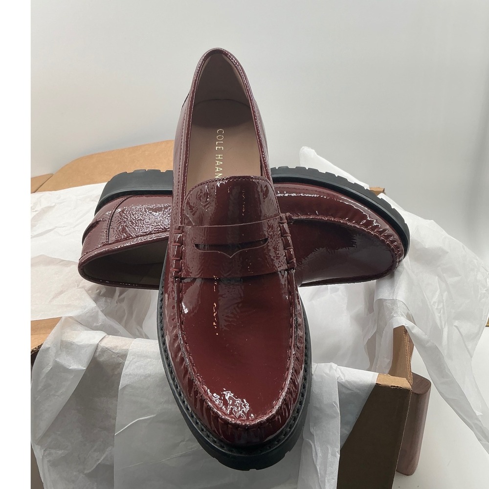 Cole Haan Womens Burgundy Patent Leather Lug Sole Penny Loafers W19842 Size 8.5B - Picture 2 of 9